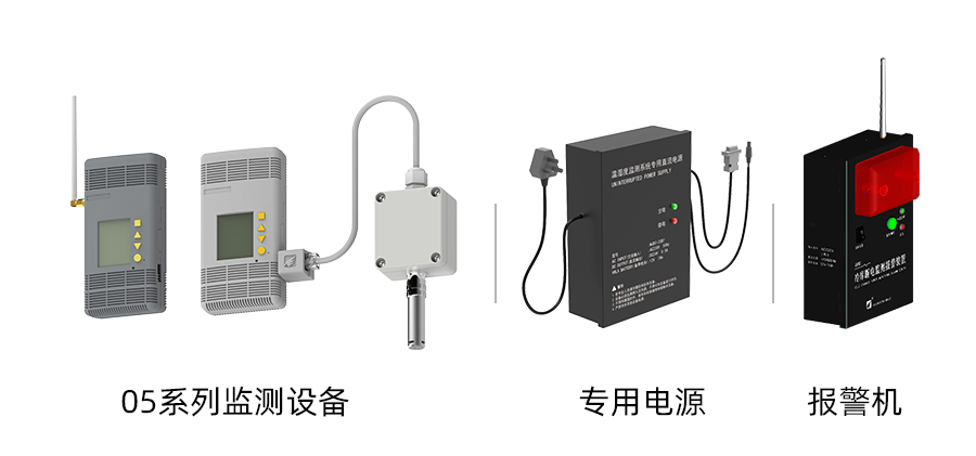 部分設(shè)備展示：05系列溫濕度監(jiān)測設(shè)備、報警機